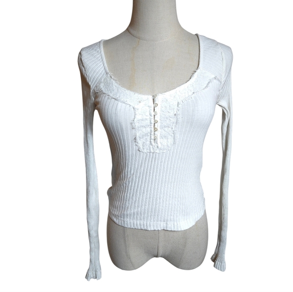 Kimchi Blue Tops - Kimchi Blue White Ribbed Lace Trimmed Long Sleeve Top
